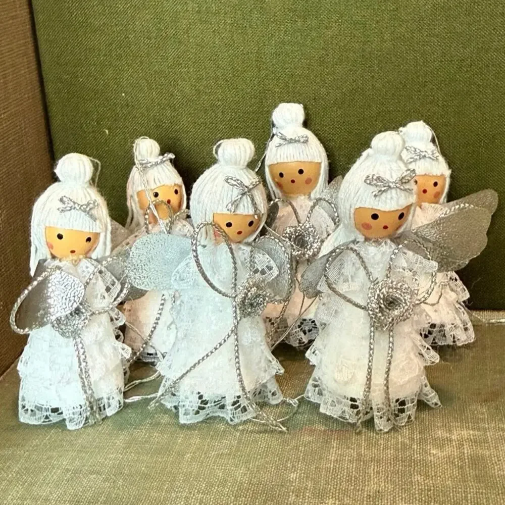 Vintage Angel Ornaments • Set of 6 • Silver Wings & Roses • 2.75”